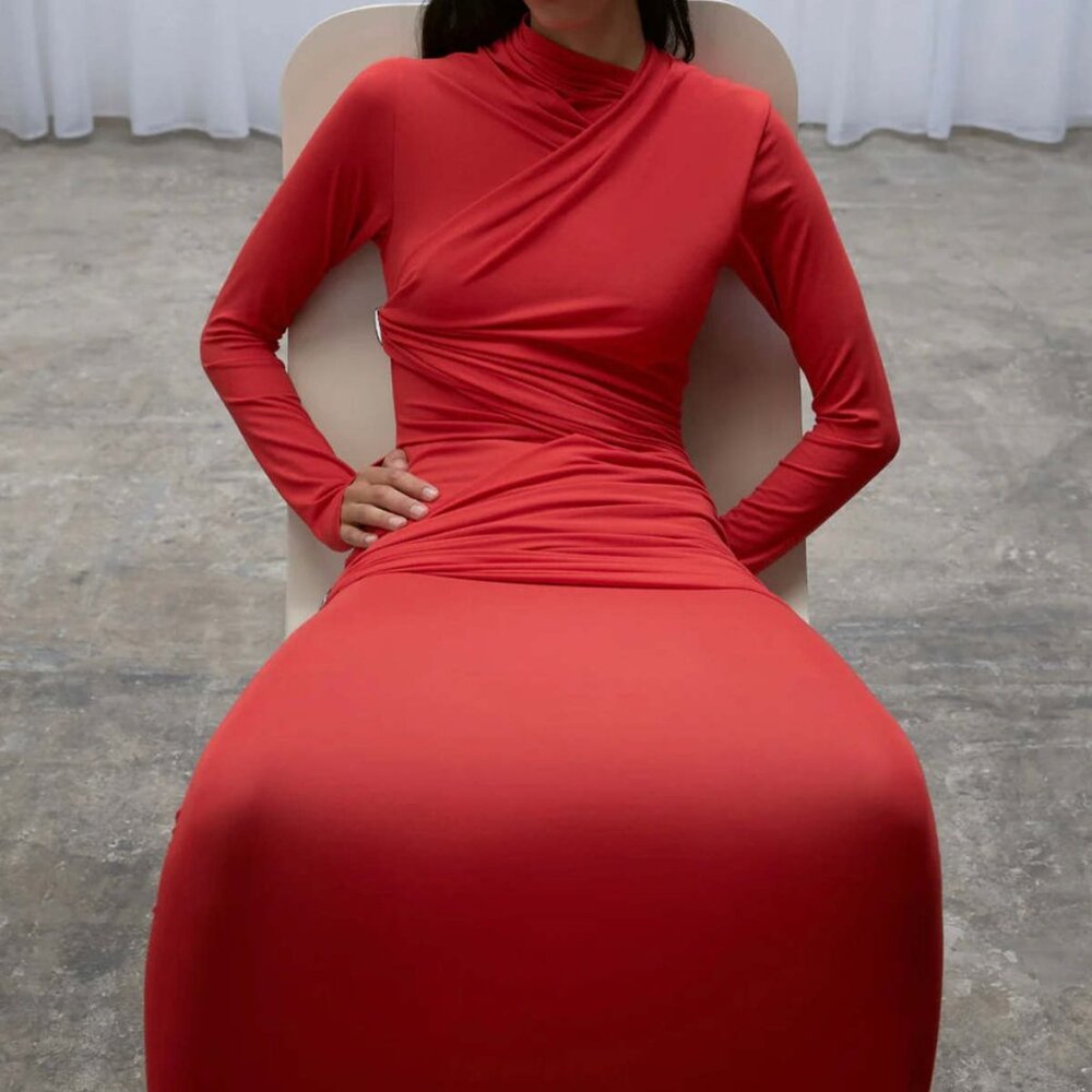 Paris Georgia Aria Dress in Red Rose long sleeve high neck maxi comfy stretchy